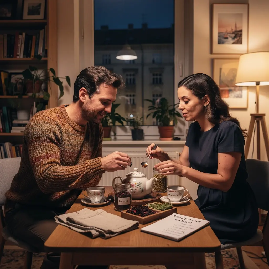 Friss zöld tea levelek egy csészében, körülötte gyógynövények, amelyek segítenek a vérnyomás szabályozásában.